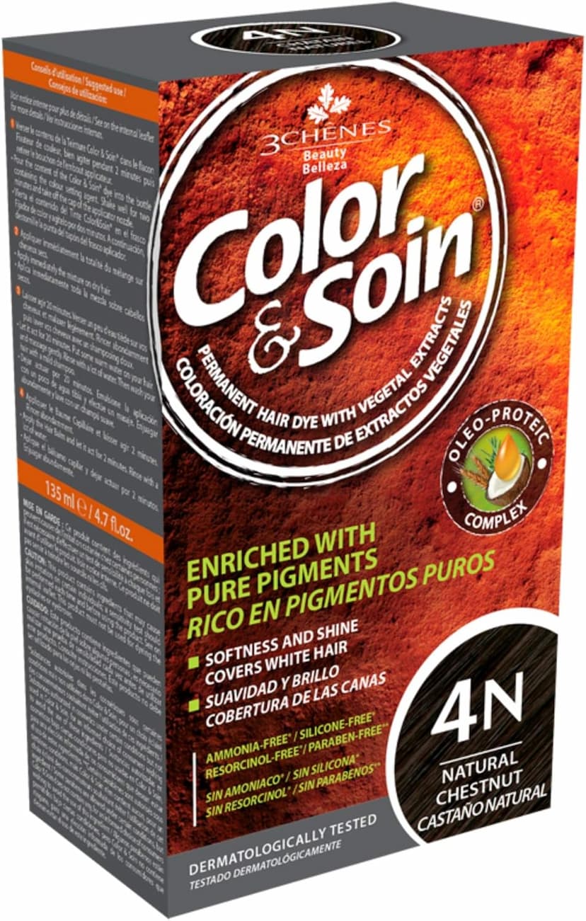 Color & Soin Ammonia Free Hair Color, Permanent Dye with Natural Vegetal (Plant) Extracts & Conditioner for Softness & Shiny Hair (4N - Natural Chestnut)